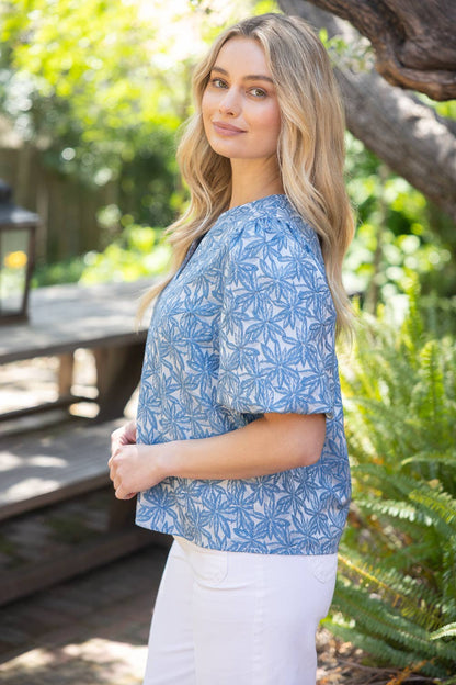 Short Bubble Sleeve Floral Jacquard Top