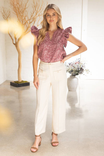 Ruffled Cap Sleeve Jacquard Top