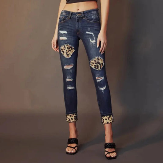 Kan Can Mid Rise Super Skinny Leopard Patch Jeans