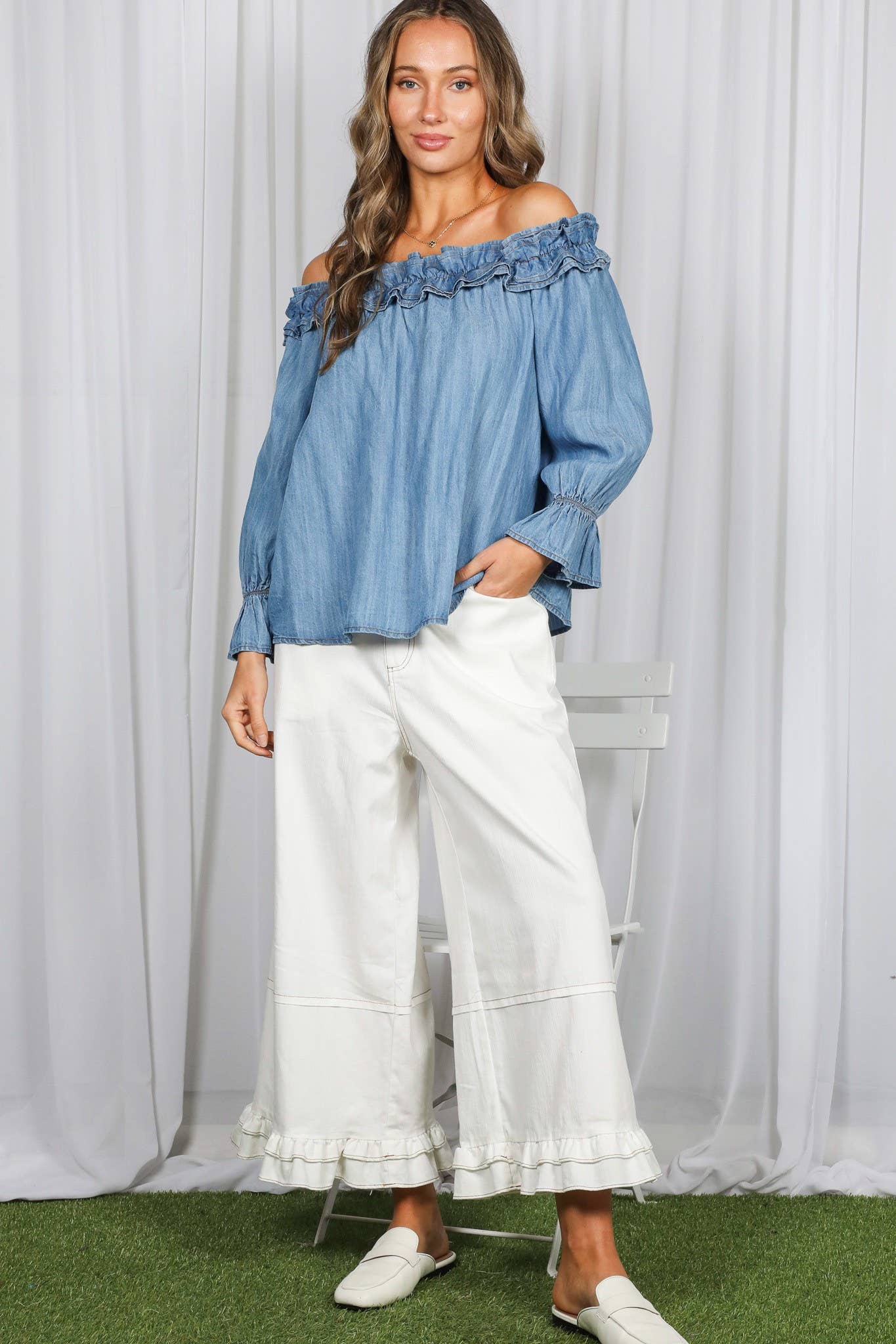 Casual Off The Shoulder Chambray Denim Blouse VT83373