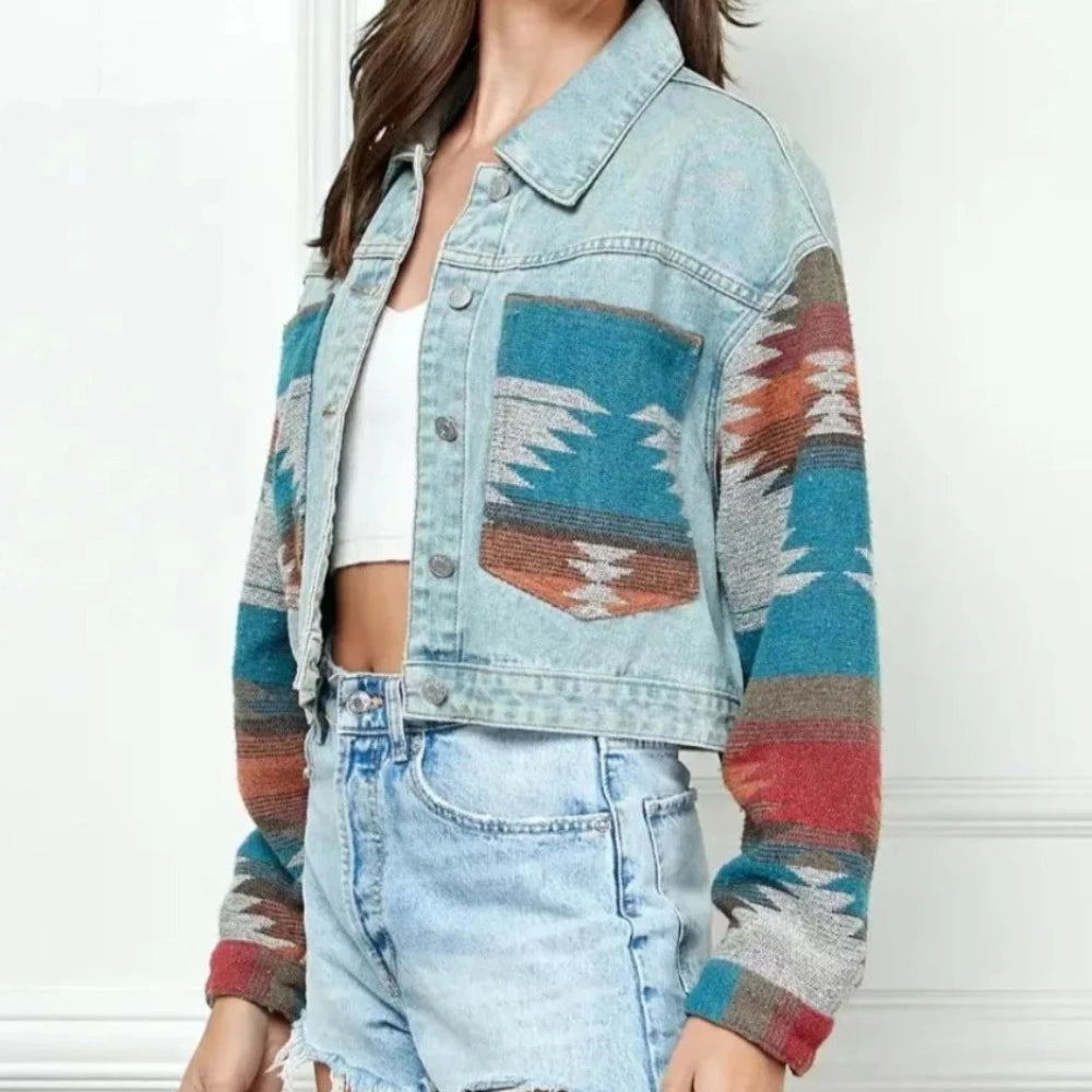 Aztec Contrast Splicing Cropped Denim Jacket