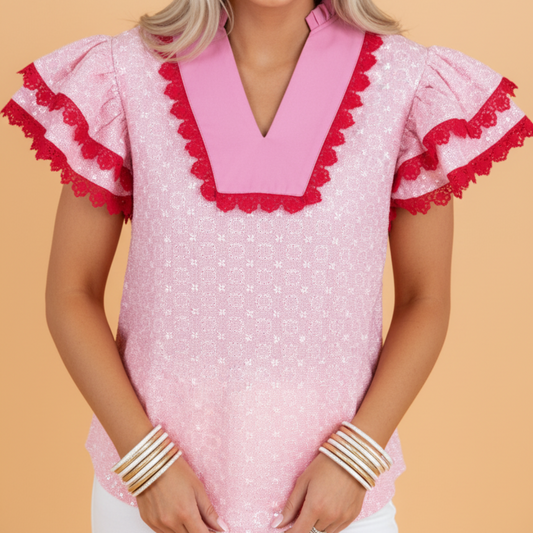 Flower Eyelet Embroidered Lace Blouse