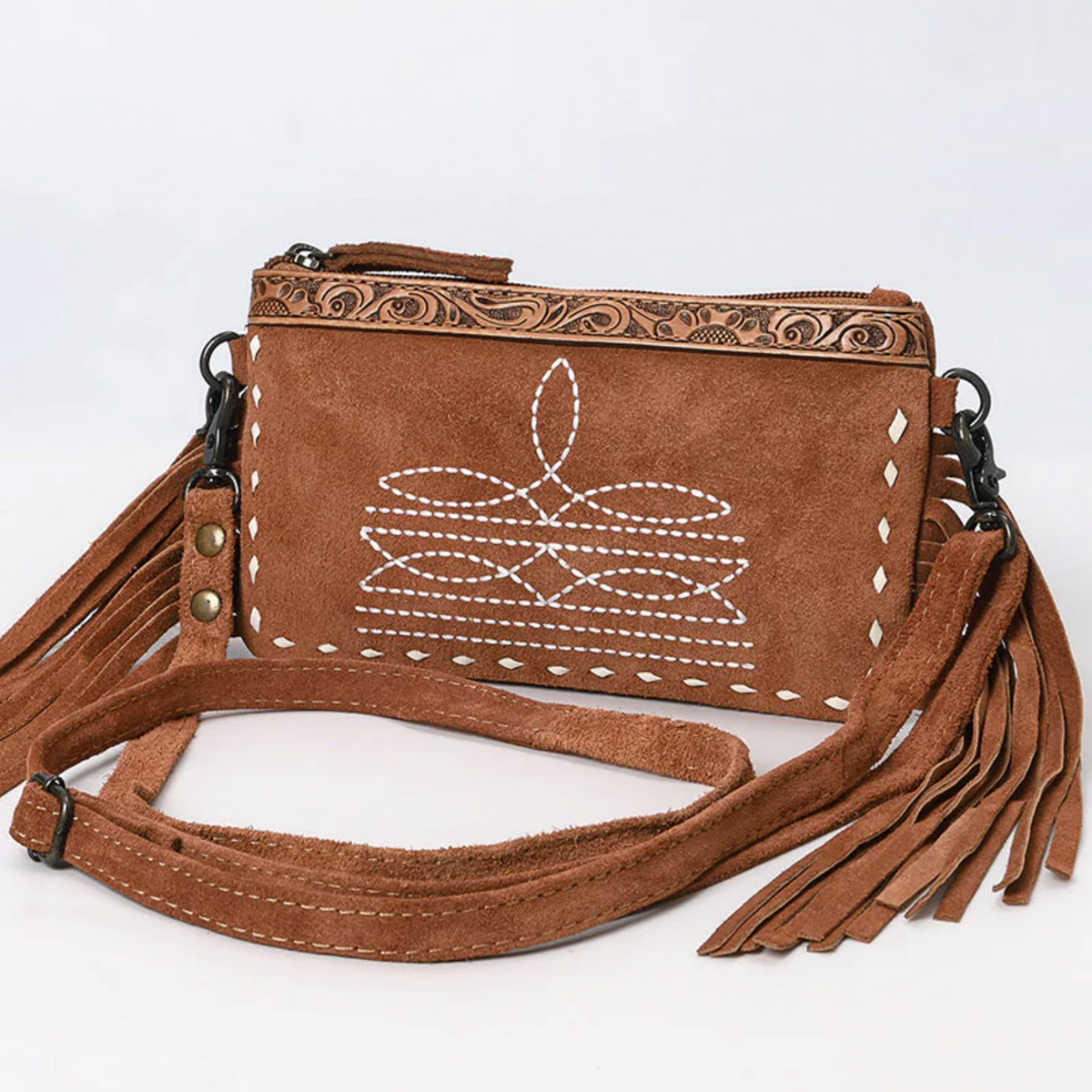 American Darling Tan Genuine Suede Crossbody Bag with Fringe, Embroidery & Tooled Leather Accent