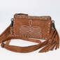 American Darling Tan Genuine Suede Crossbody Bag with Fringe, Embroidery & Tooled Leather Accent