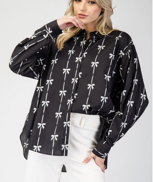 Ribbon Printed Long Sleeve Blouse Top