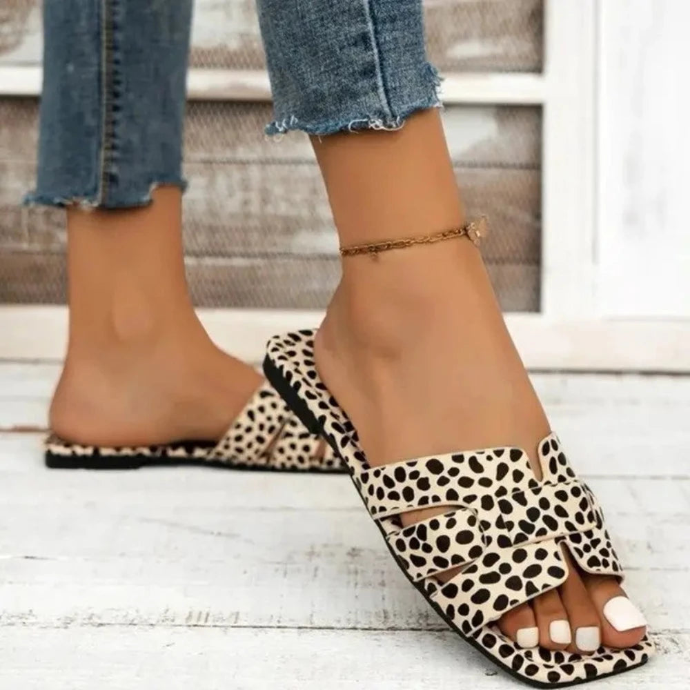 Flat Square Toe Leopard Sandals