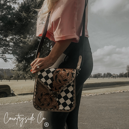 Melrose  Tooled Leather Checkered Handbag