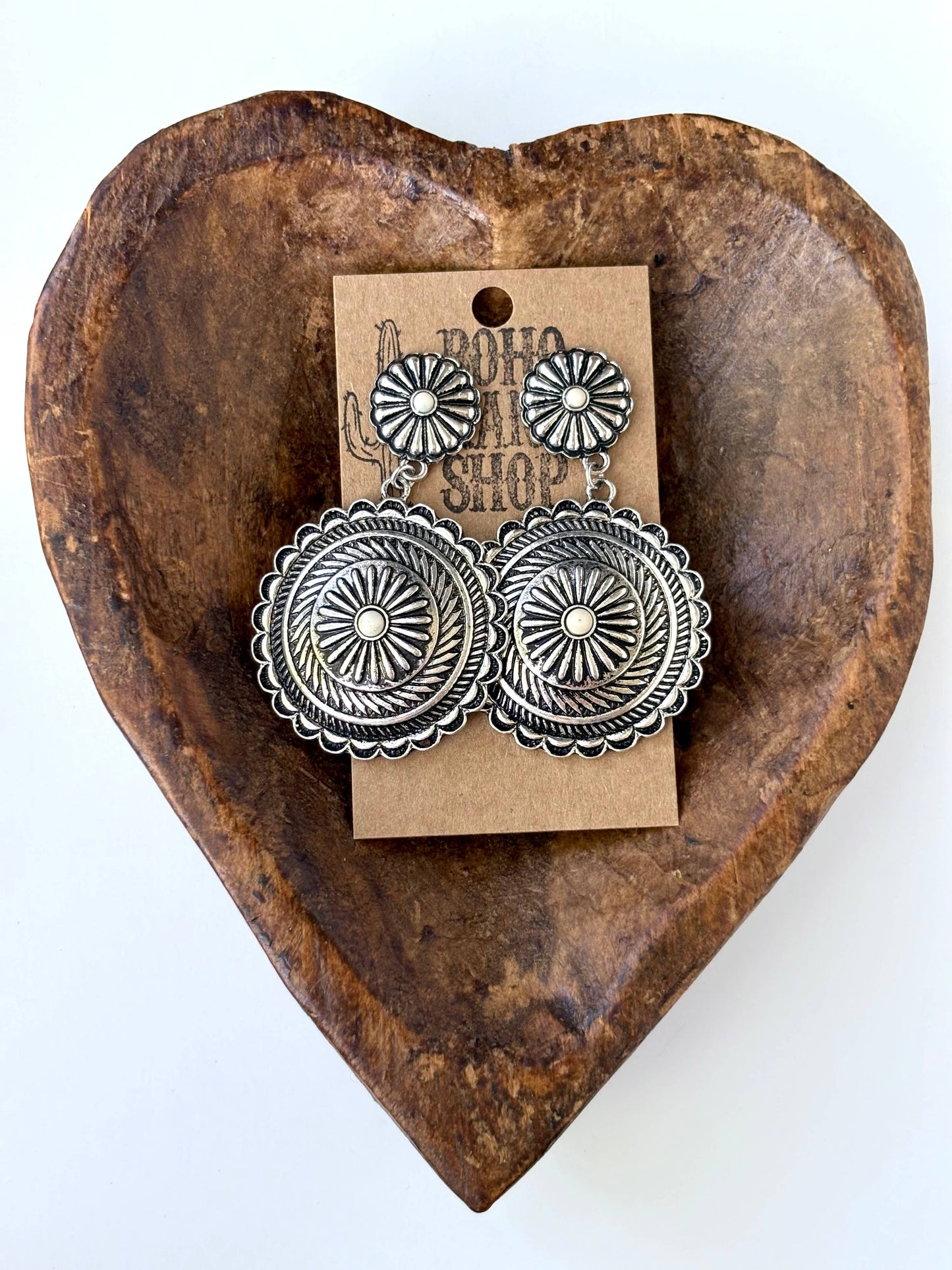 Western Round Concho w/ Stone Statement Post Drop Earrings