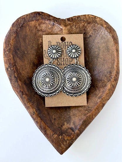 Western Round Concho w/ Stone Statement Post Drop Earrings