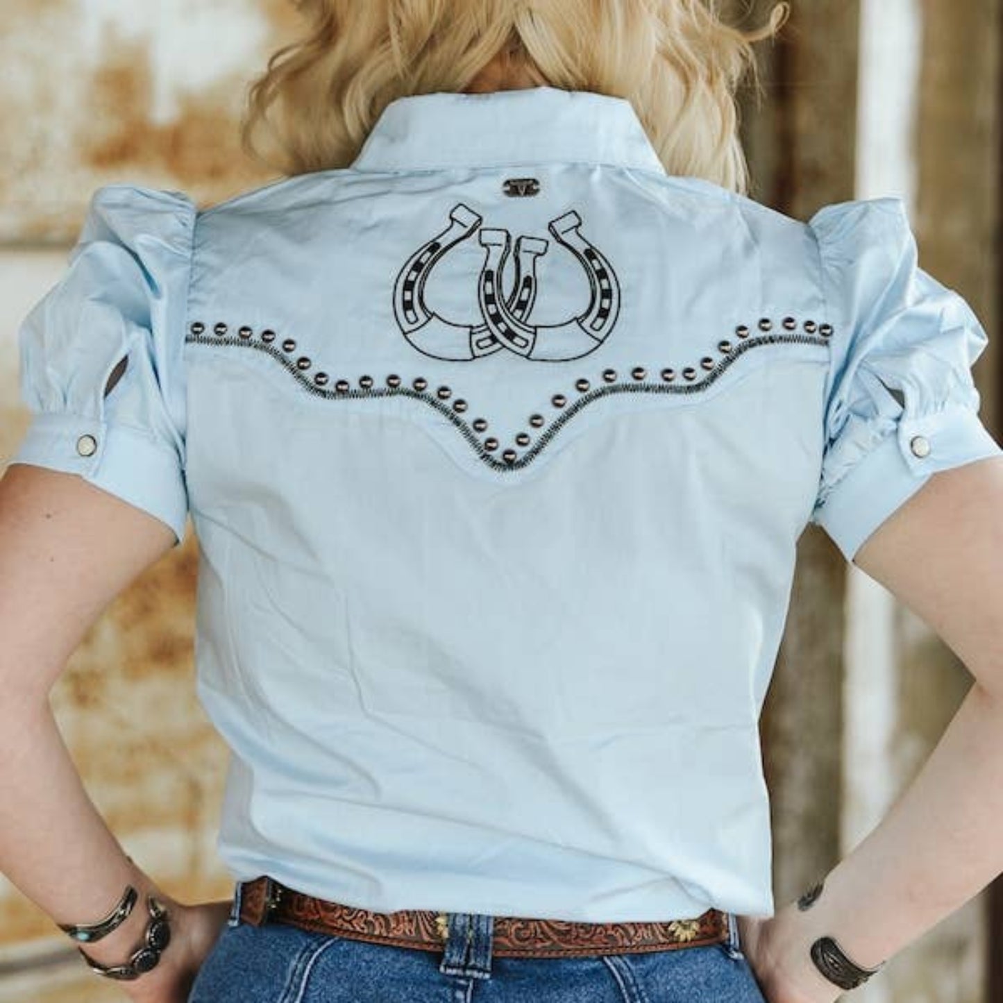 LightBlue Studded Contrast Embroidered Puff ButtonDown Shirt