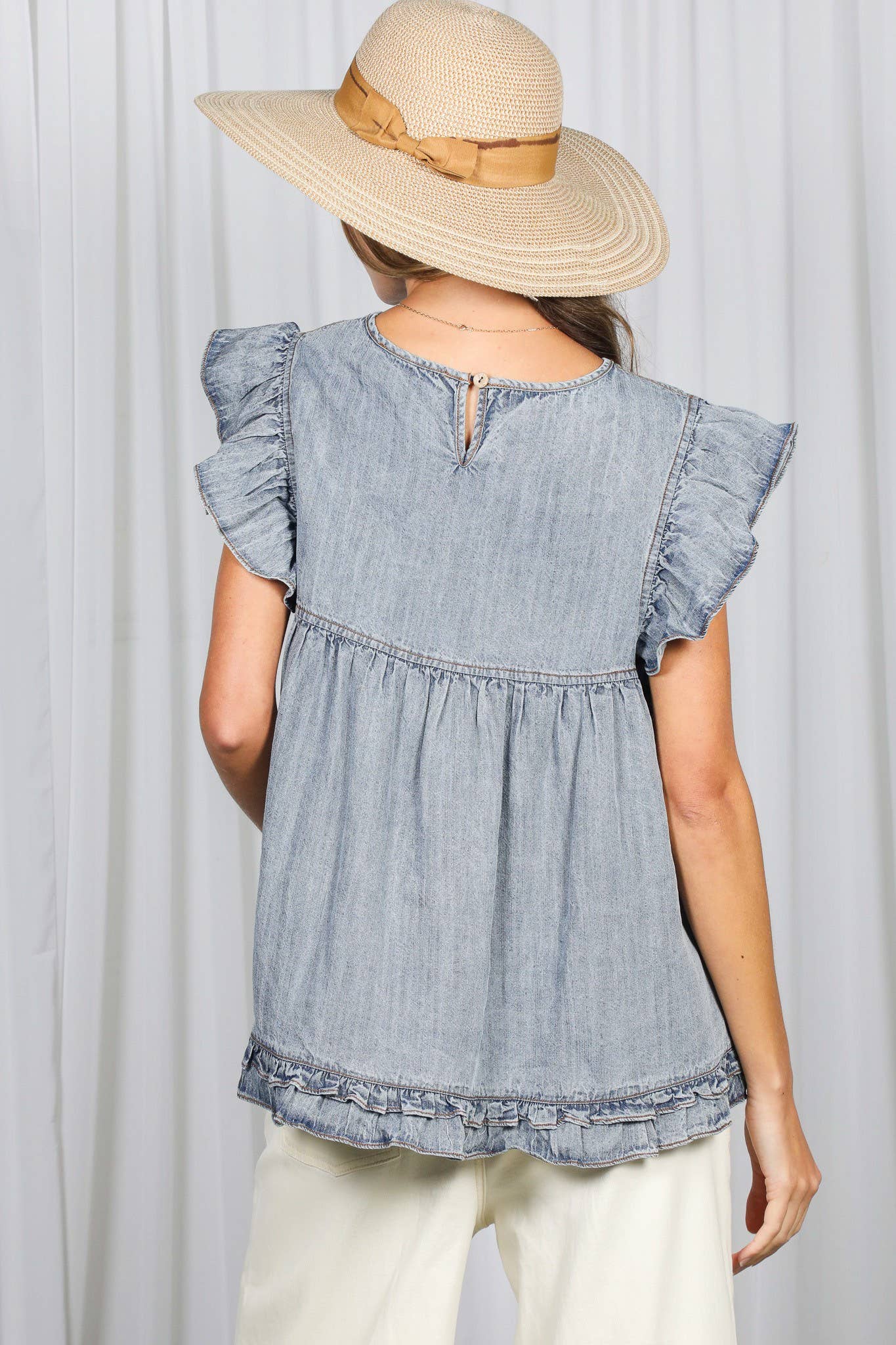 Ruffle Accent Short Sleeve Chambray Denim Top