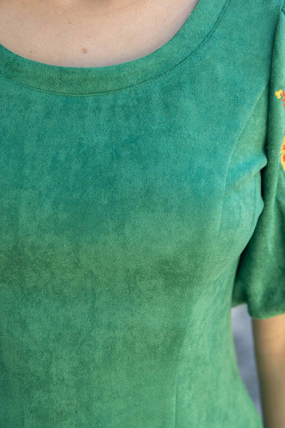 Deep Round Neck Floral Embroidered Suede Top