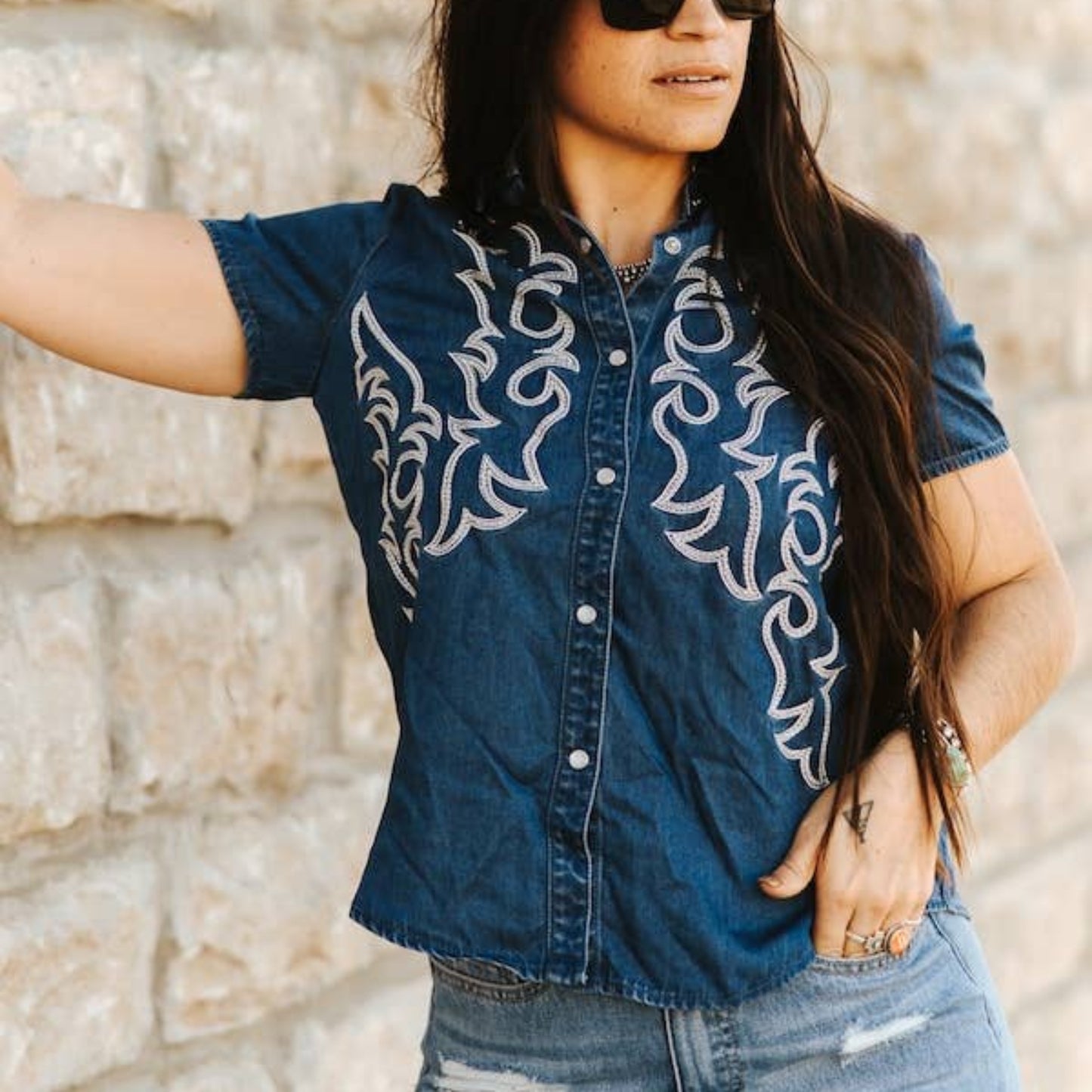 Mid Wash Contrast Embroidered Pearl Snap Short Sleeve Shirt