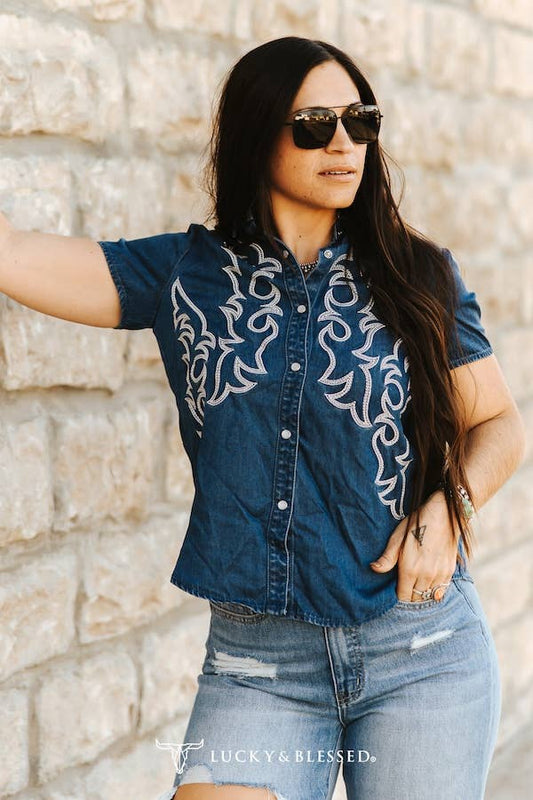 Mid Wash Contrast Embroidered Pearl Snap Short Sleeve Shirt