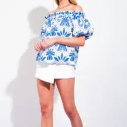 White and Blue Contemporary Off the Shoulder Top