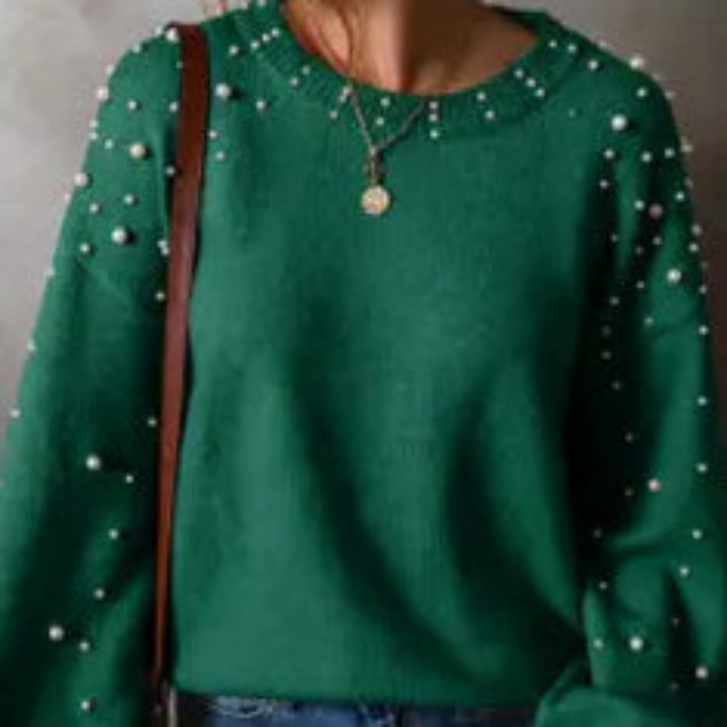 Long Sleeve Round Neck Pearl Pullover Sweater