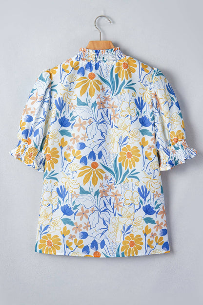 PRETTY BASH Floral Stripe Trim Puff Sleeve Blouse