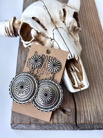 Western Round Concho w/ Stone Statement Post Drop Earrings