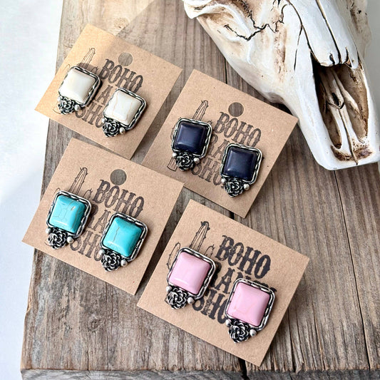 Western Style Square Stone & Flower Stud Earrings
