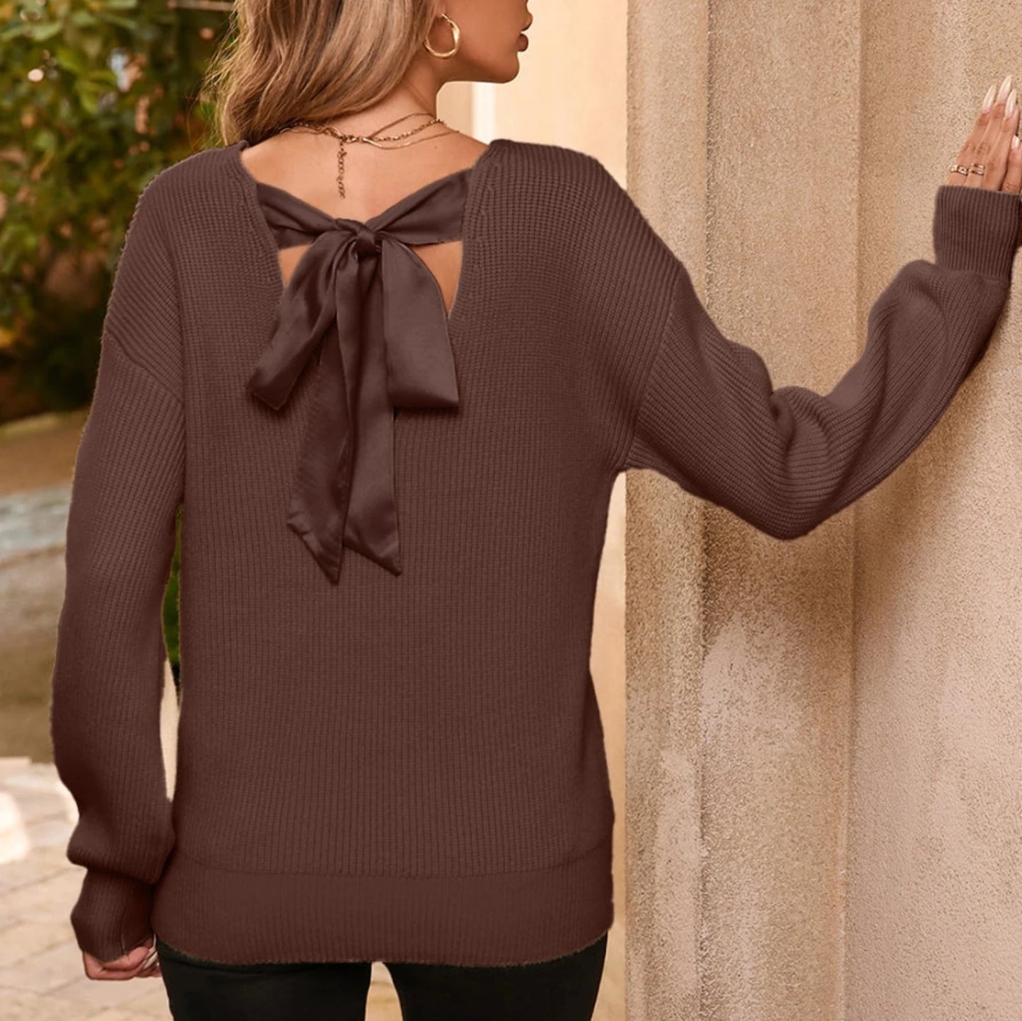 Lantern Sleeve V Neck Knot Back Sweater