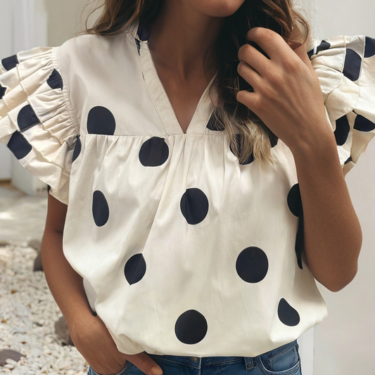 V-Neck Polka Dot Ruffle Sleeve Summer Blouse