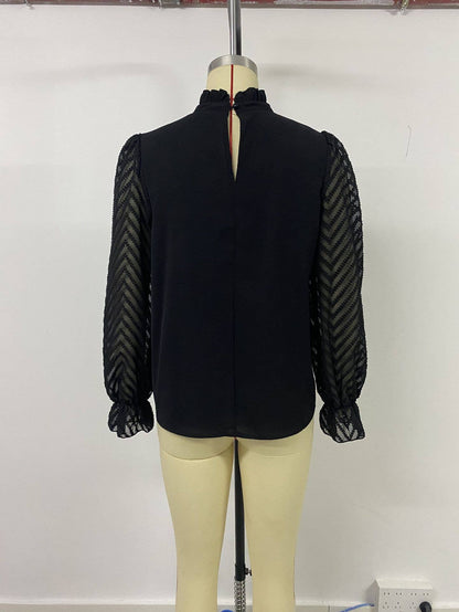 Puffed-sleeve semi-high-neck solid-color shirt