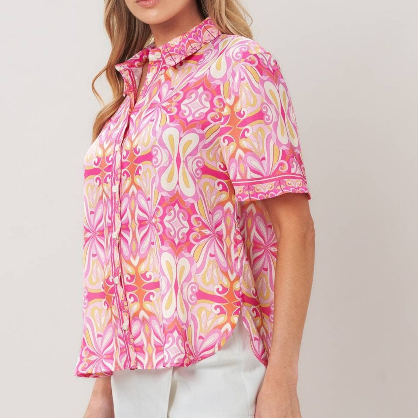 A Mixed Print Collared Blouse