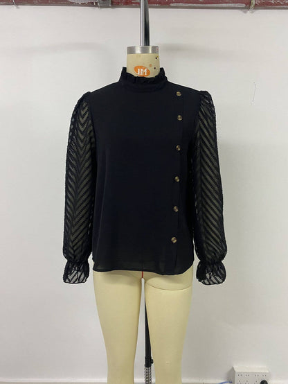 Puffed-sleeve semi-high-neck solid-color shirt