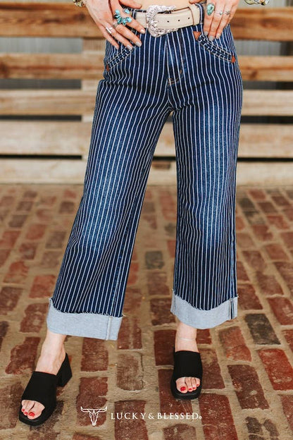 Dark Wash Striped Cuffed Boyfriend Western Jeans (28in)