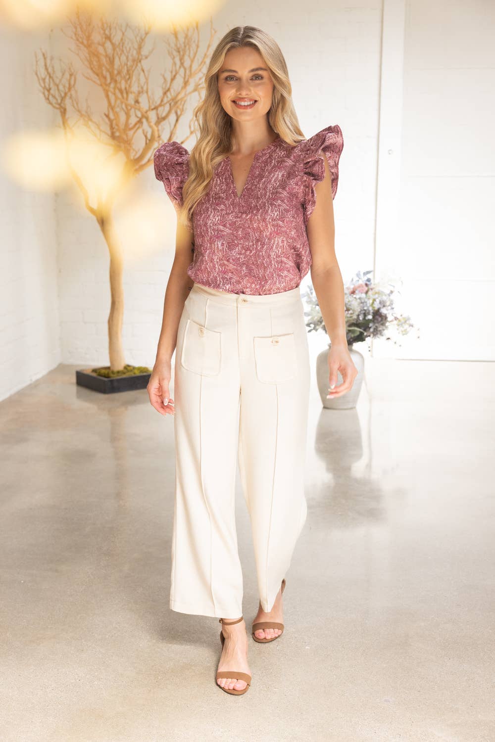 Ruffled Cap Sleeve Jacquard Top