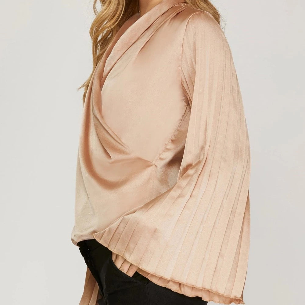 Pleated Bell Sleeve Surplice Satin Blouse