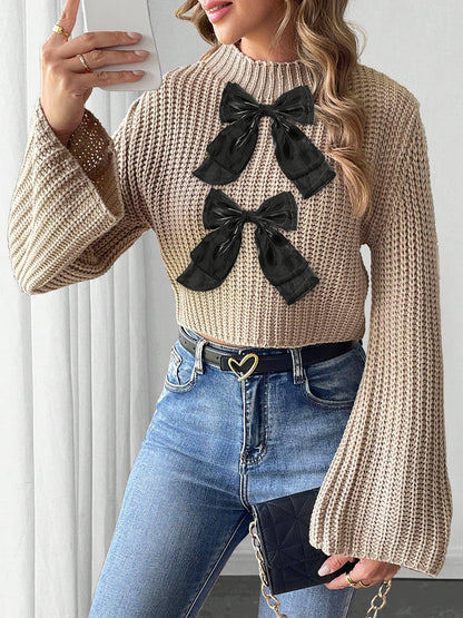 Bow embellished flared sleeve short sweater