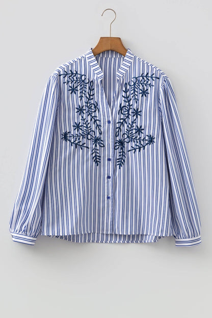 PRETTY BASH Stripe Embroidered Button Long Sleeve Shirt
