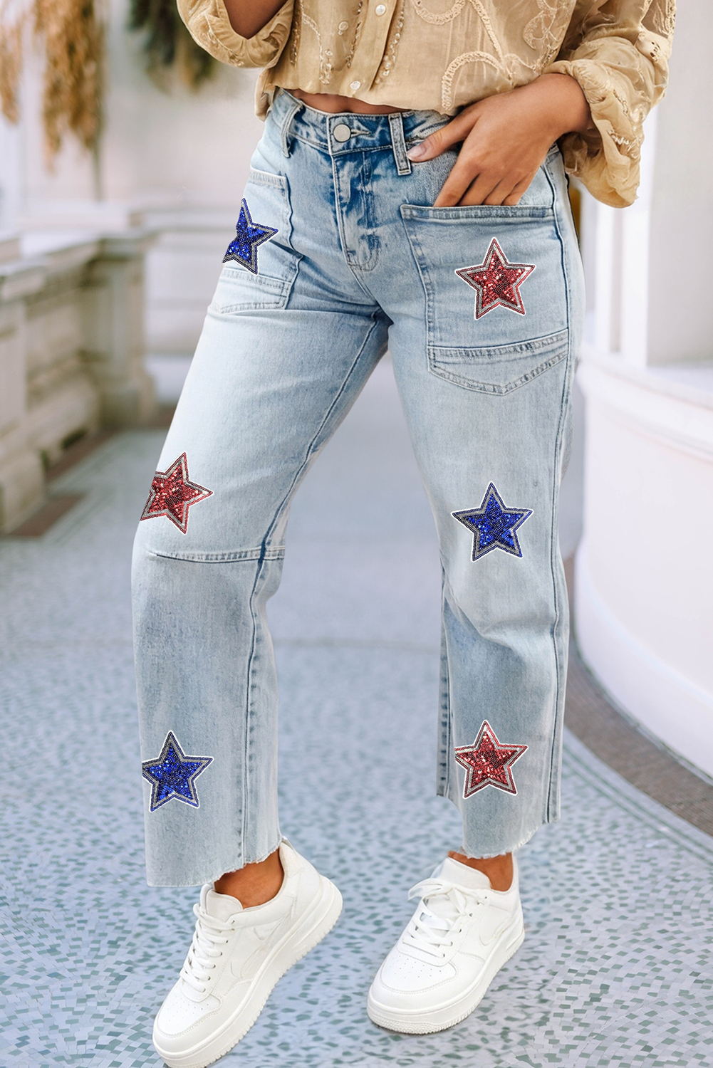 4the of July Patriotic Sequin Stars Patch Pocket Shift Jeans