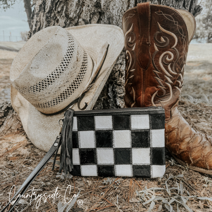 Stockyard Checkered Cowhide Wristlet Pouch