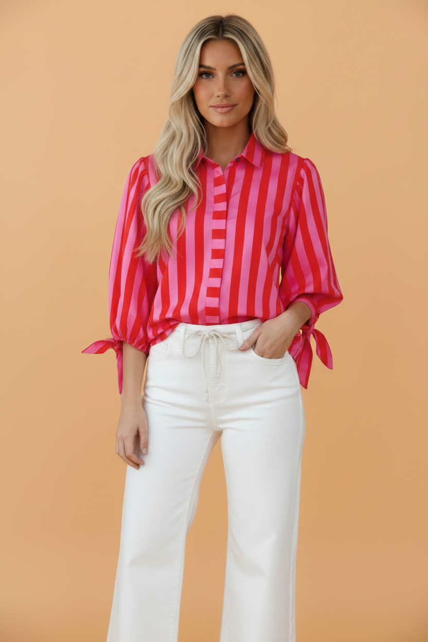PRETTY BASH Stripe Tie Puff Sleeve Button Down Shirt