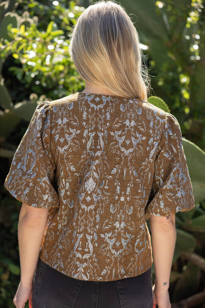 36908 Gold Button Down Floral Jacquard Top