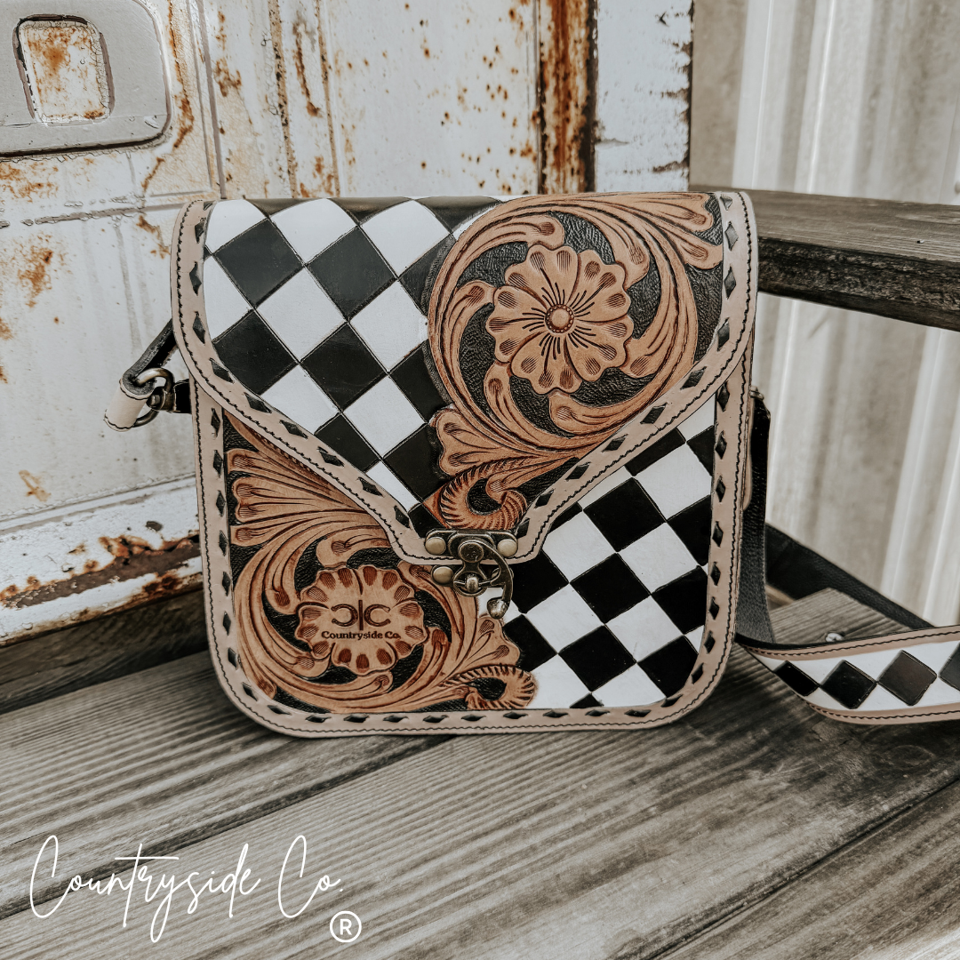 Melrose  Tooled Leather Checkered Handbag