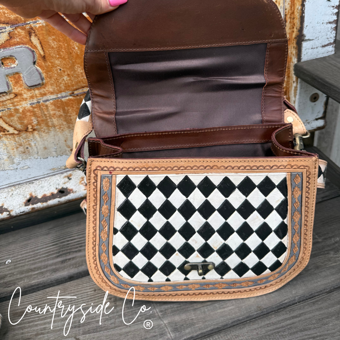 Zadie Tooled Leather Checkered Handbag, Hand Painted