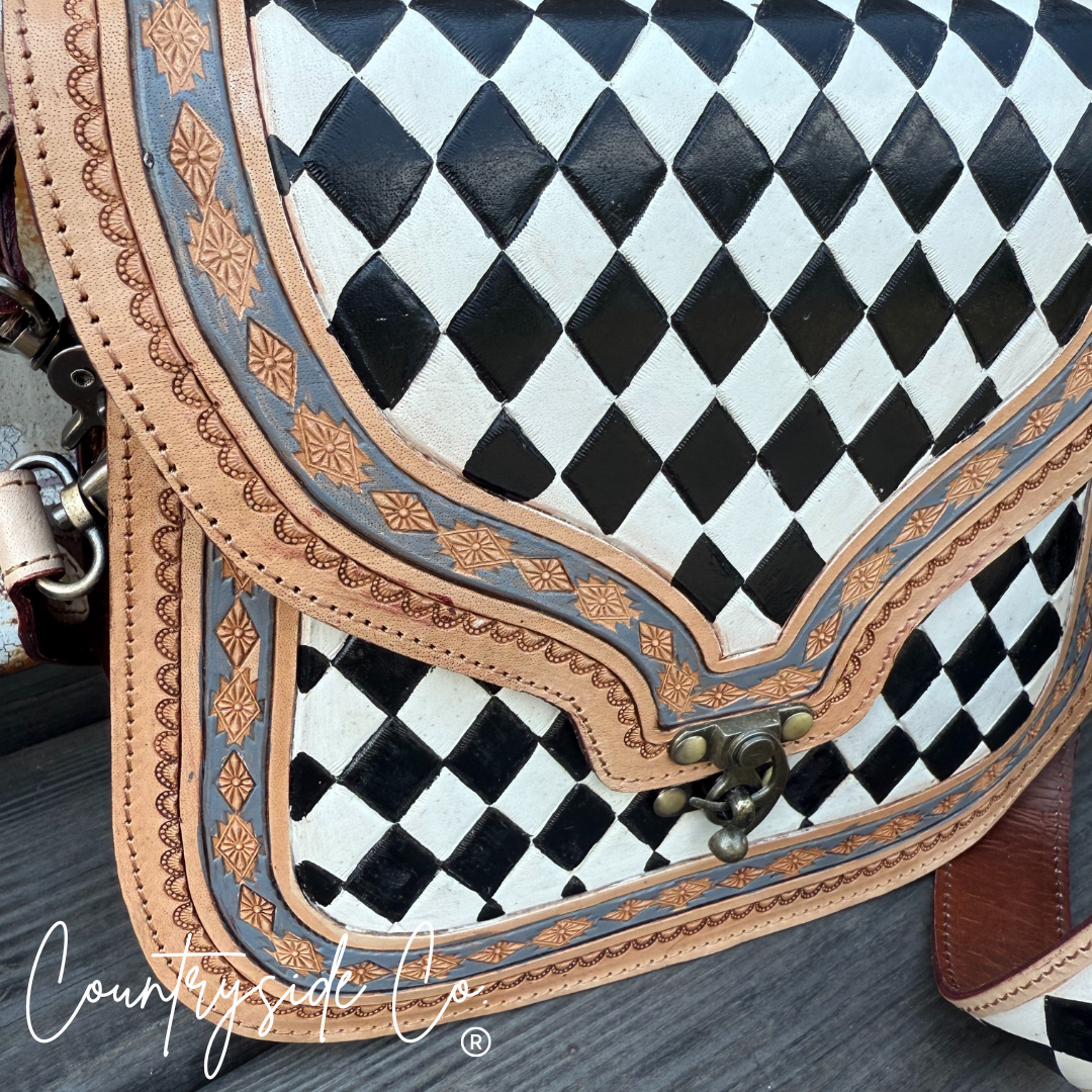 Zadie Tooled Leather Checkered Handbag, Hand Painted