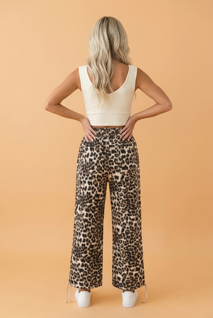 PRETTY BASH Leopard Drawstring Pocket Denim Jogger Pants