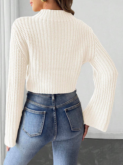 Bow embellished flared sleeve short sweater