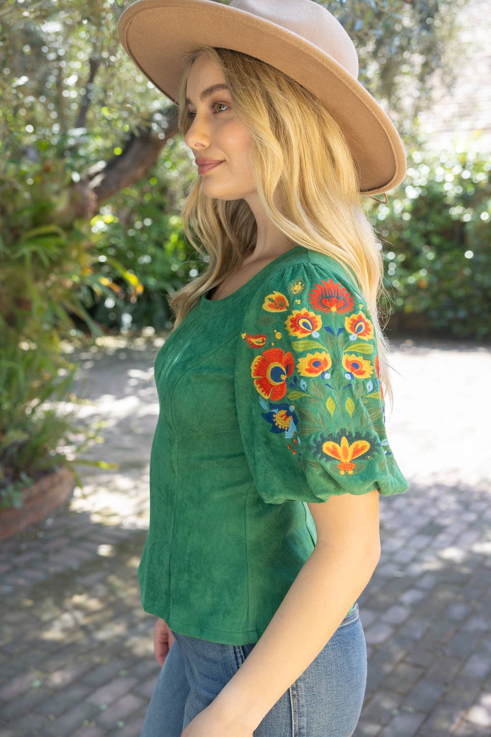 Deep Round Neck Floral Embroidered Suede Top