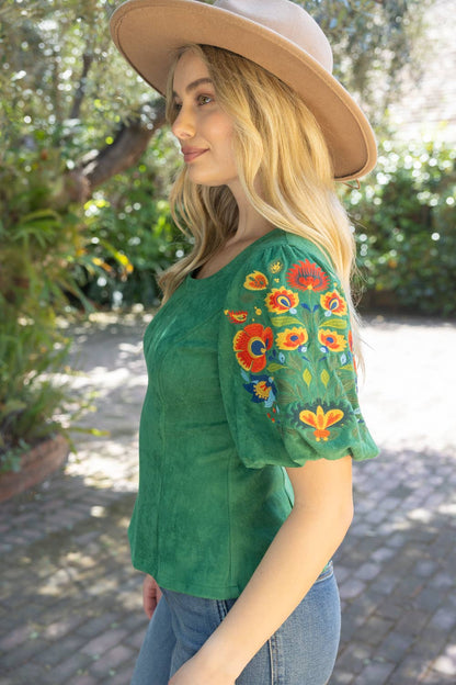 Deep Round Neck Floral Embroidered Suede Top