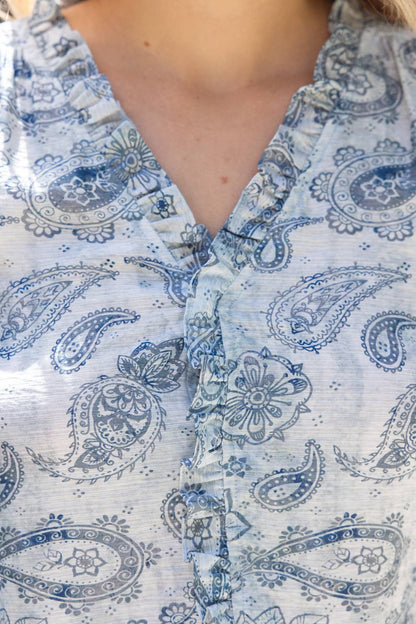 Pleated Sleeve Ruffle Detailed Paisley Print Top
