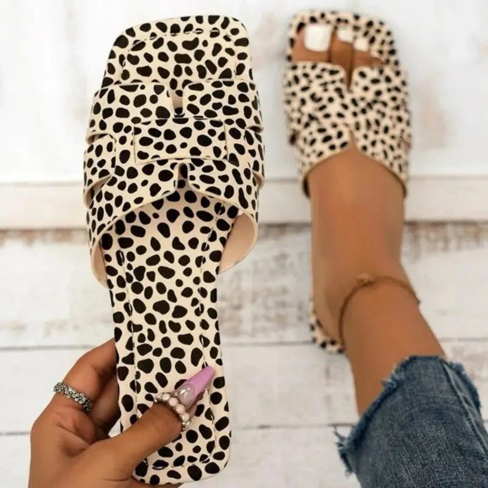 Flat Square Toe Leopard Sandals