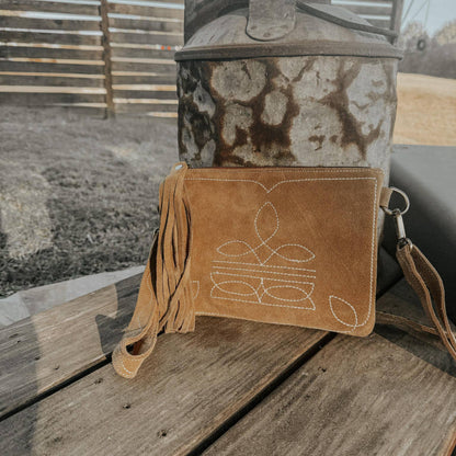 Becca Boot Stitch Suede Leather Purse with Wristlet