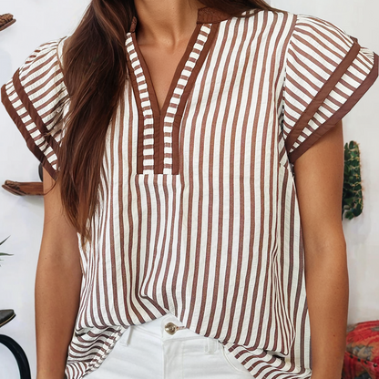 Stripe Double Ruffled Short Sleeve Contrast Trim Blouse