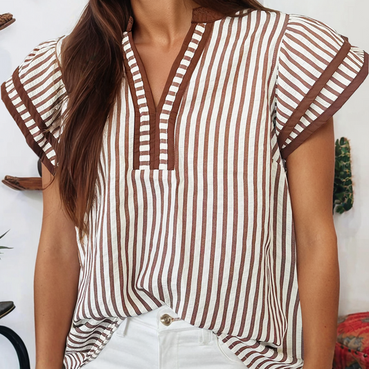 Stripe Double Ruffled Short Sleeve Contrast Trim Blouse