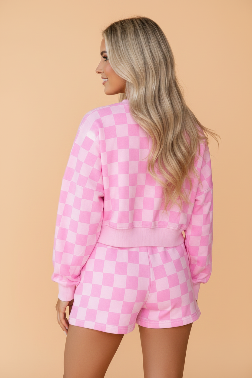 PRETTY BASH Checker Long Sleeve Crop Top & Shorts Set